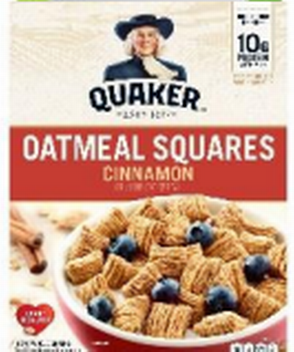 Quaker Oatmeal Squares cereal is included in two flavors, Cinnamon and Brown Sugar.