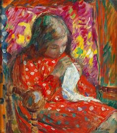 A painting of a young girl sewing a handkerchief.