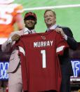 Oklahoma quarterback Kyler Murray poses with NFL Commissioner Roger Goodell after the Arizona Cardinals selected Murray in the first round at the NFL football draft, Thursday, April 25, 2019, in Nashville, Tenn. (AP Photo/Mark Humphrey)