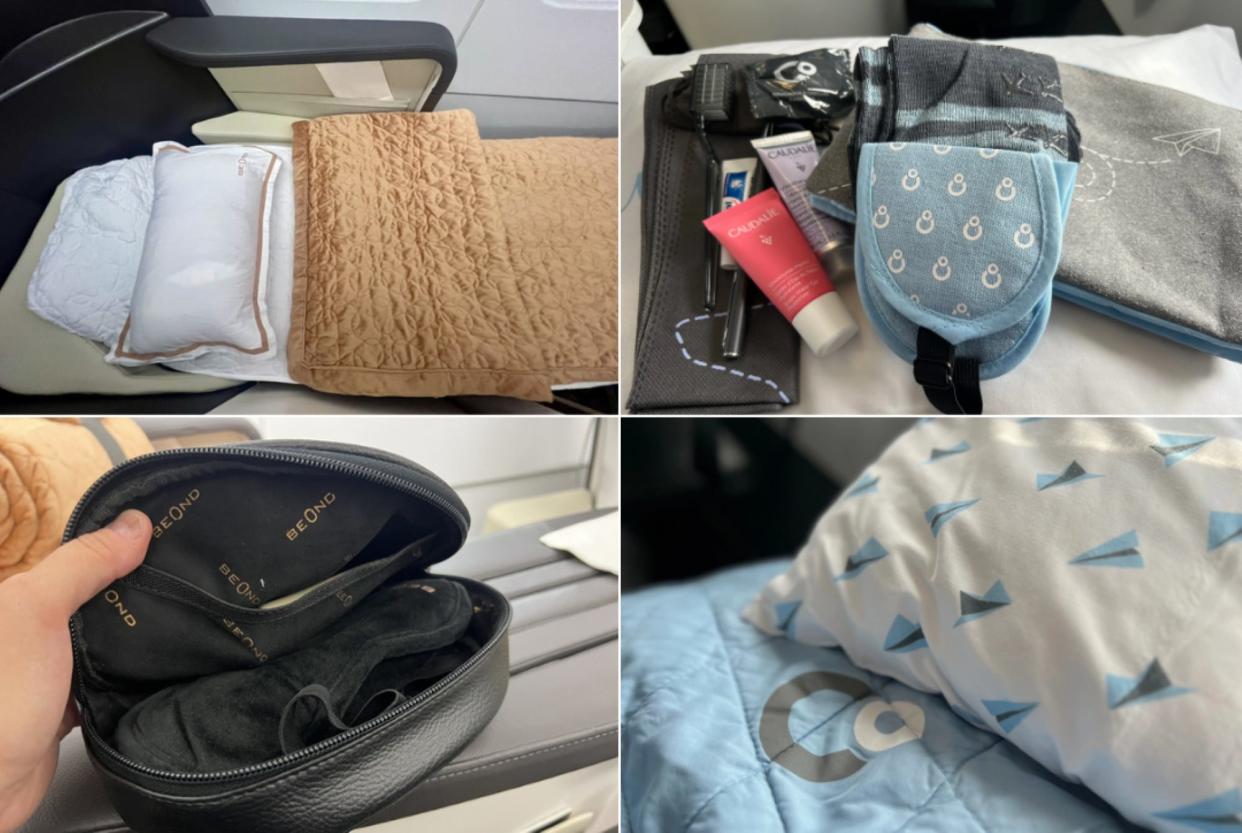 The peach linens and black amenity kit on Beond stitched with photos of the amenity kit and blue linens on La Compagnie.