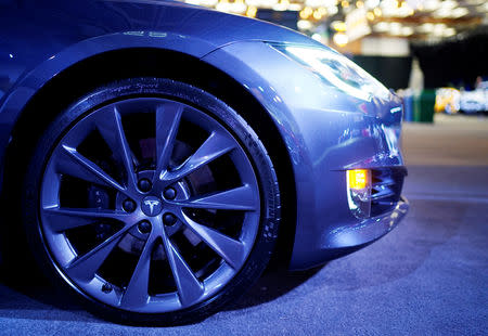 A Tesla Model S wheel is on display at the Canadian International AutoShow in Toronto, Ontario, Canada, February 13, 2019. REUTERS/Mark Blinch