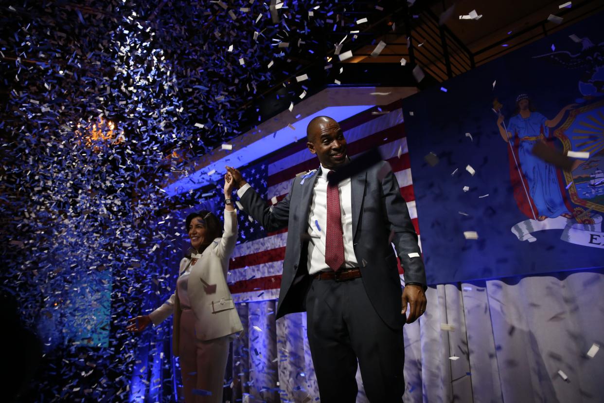 Gov. Kathy Hochul, left, and Lt. Governor Antonio Delgado, right, celebrate their wins in the primaries at Tribeca 360, Manhattan, New York, Tuesday, June 28, 2022. 