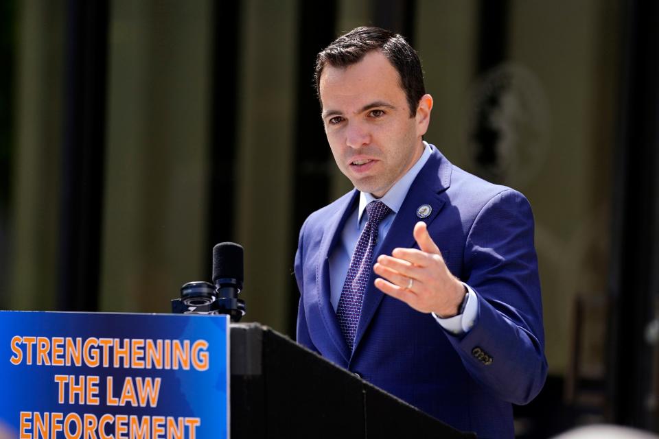 Matthew Platkin, New Jersey's acting attorney general, speaks on the announcement of licenses for all law enforcement in the state during a press conference at the Essex County Police Academy in Cedar Grove on Wednesday, May 18, 2022.