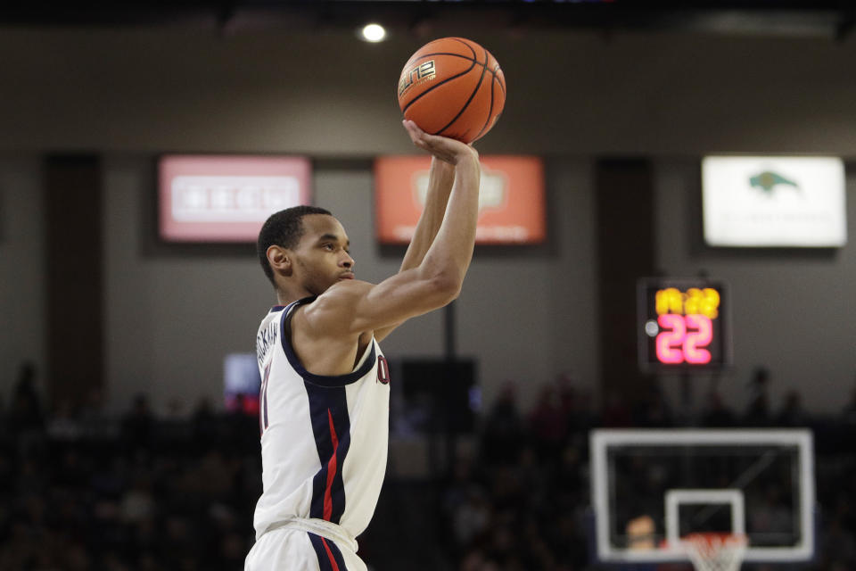 Gonzaga guard Nolan Hickman shoots during the first half of an NCAA college basketball game against Jackson State, Wednesday, Dec. 20, 2023, in Spokane, Wash. (AP Photo/Young Kwak)