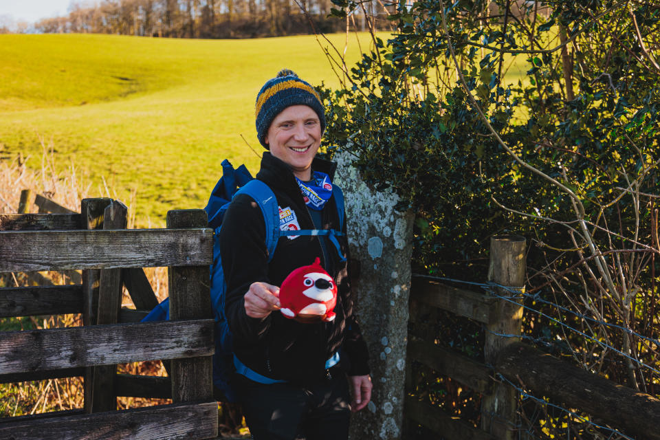 LAKE DISTRICT, ENGLAND 5 MARCH 2022: The One Show's Angelica Bell and Owain Wyn Evans go head-to-head as they compete in the Red Nose and Spoon Race for Red Nose Day 2022 on March 5, 2022 in the Lake District, England. With tougher terrains and more adrenaline-filled challenges than last year, the Yellow Team and Blue Team will battle it out over four long days as they take on the ultimate race across the Lake District. Angelica and Owain are joined by some incredible teammates from Comic Relief funded projects across the UK. (Photo by Patch Dolan/Comic Relief via Getty Images)