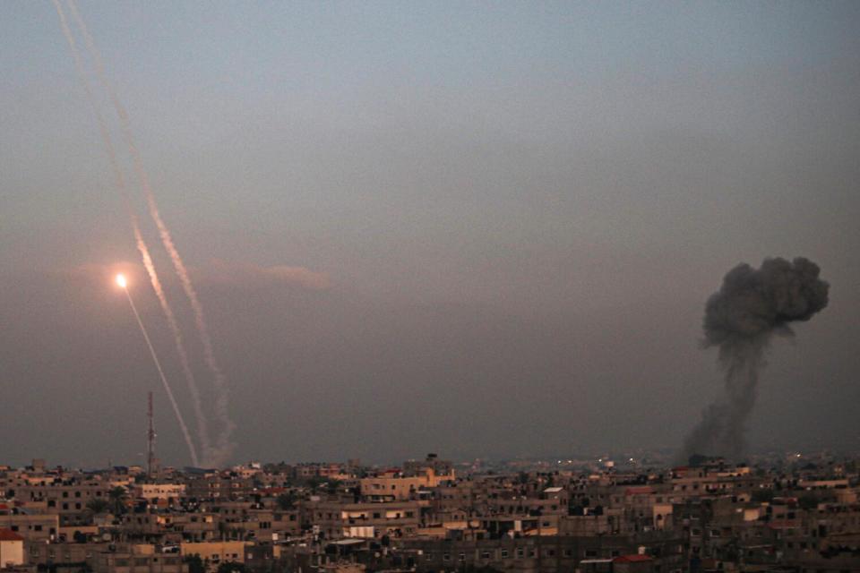 Rockets are fired by Palestinian militants toward Israel.