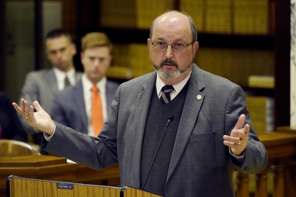 Robert Anderson, executive director of the Mississippi Department of Human Services addresses members of the Mississippi House and Senate Democratic Caucuses, during a public hearing, Tuesday, Oct. 18, 2022 at the Capitol, to gain a better understanding of the welfare scandal. (AP Photo/Rogelio V. Solis)