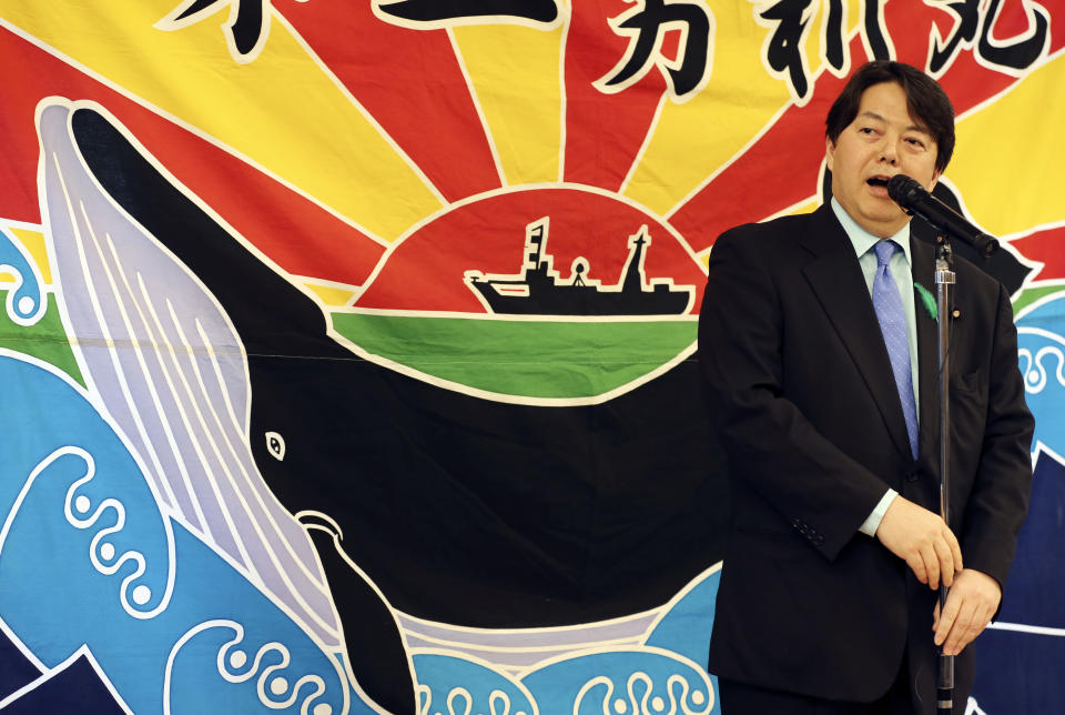 Japan's Agriculture, Forestry and Fisheries Minister Yoshimasa Hayashi speaks during the 26th whale meat tasting event in Tokyo Tuesday, April 15, 2014. Hundreds of Japanese pro-whaling officials, lawmakers and lobby groups vowed to protect whale hunts despite the world court ruling that ordered the country’s Antarctic research culls must be stopped. Hayashi told the meeting that Japan must protect its whale hunts and diet as cultural tradition. (AP Photo/Koji Sasahara)