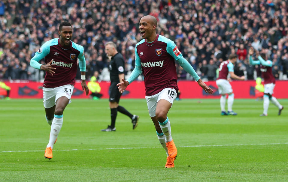 West Ham United’s Joao Mario celebrates his opener against Southampton at the London Stadium. (Reuters)