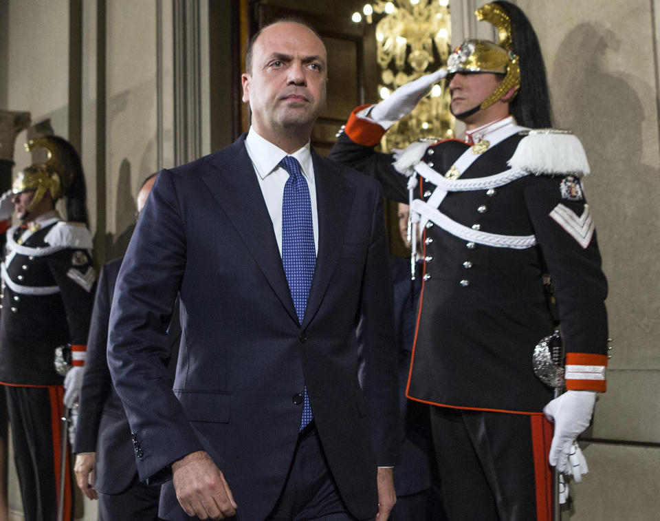 Angelino Alfano, former deputy premier and interior minister, and head of New Center Right party (Nuovo Centrodestra) walks out after a meeting with Italian President Giorgio Napolitano at the Quirinale presidential palace, in Rome, Saturday, Feb. 15, 2014. Napolitano is consulting with political party leaders to determine if Democratic Party leader Matteo Renzi has enough support to form a new government. Renzi, 39, accelerated his path to the premier's post this week by engineering Enrico Letta's resignation within the party. (AP Roberto Monaldo, Lapresse) ITALY OUT