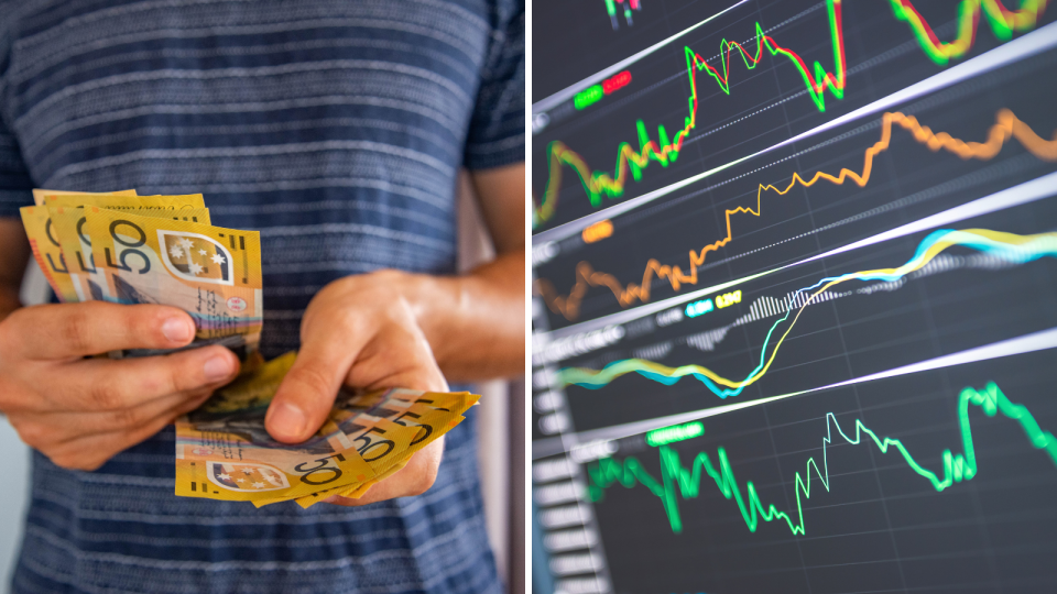 A person holding $50 notes and a computer screen showing graphs tracking investment performance.