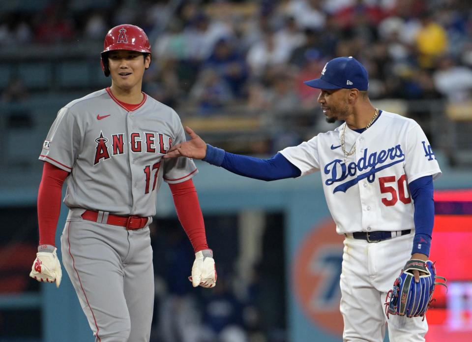 Shohei Ohtani and Mookie Betts during a game at Dodger Stadium in July 2023.