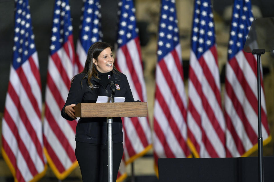 U.S. Rep. Elise Stefanik, R-N.Y., introduces Vice President Mike Pence and second lady Karen Pence to speak to Army 10th Mountain Division soldiers, many of whom have recently returned from Afghanistan, in Fort Drum, N.Y., Sunday, Jan. 17, 2021. (AP Photo/Adrian Kraus)