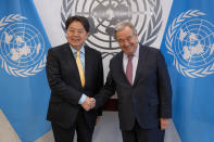 Hayashi Yoshimasa, Minister for Foreign Affairs of Japan, left, meets with United Nations Secretary General Antonio Guterres at United Nations headquarters, Thursday, Jan. 12, 2023. (AP Photo/John Minchillo)