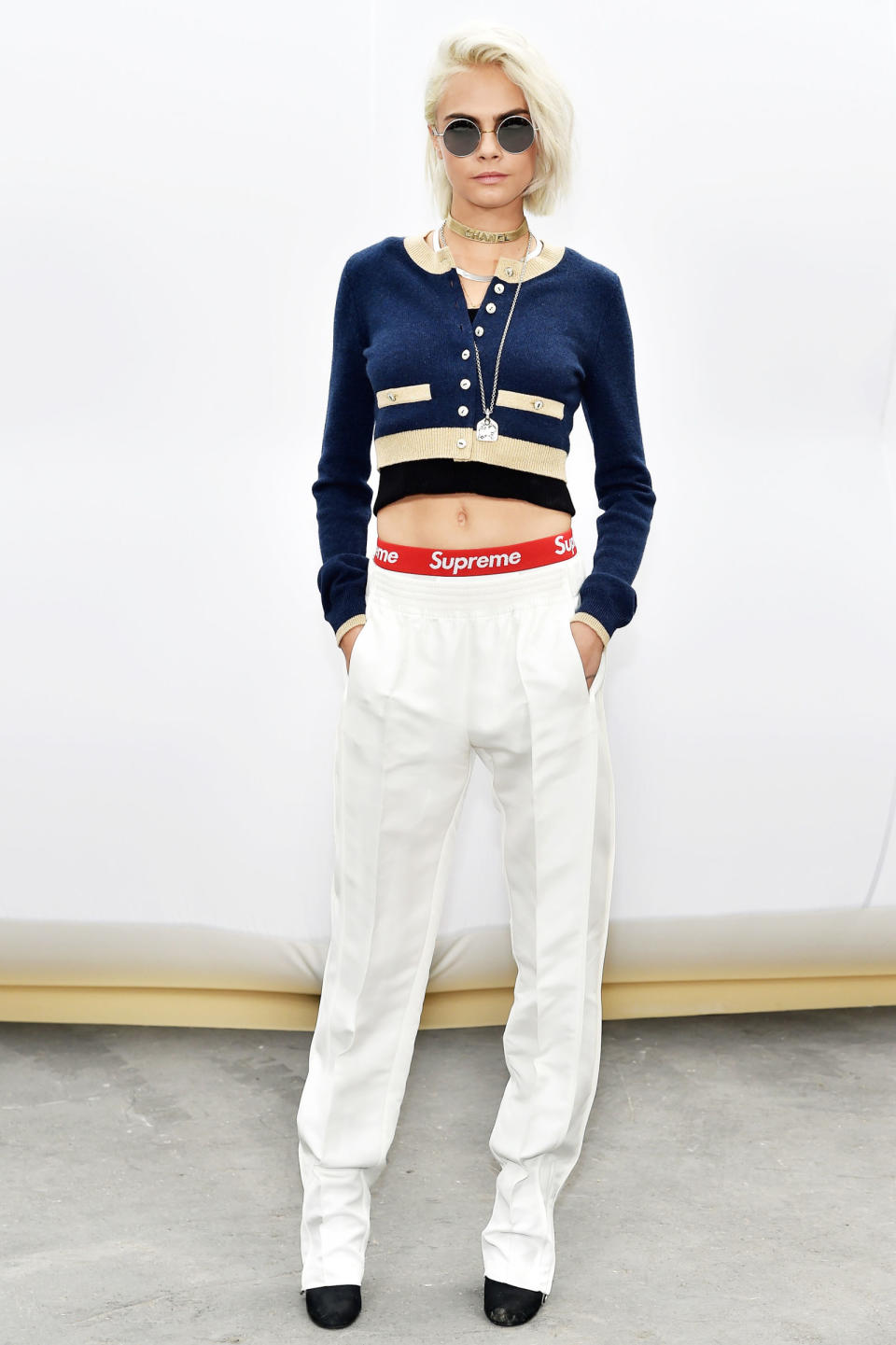 <p>Who: Cara Delevingne </p><p>When: March 7, 2017</p><p>What: Chanel, Supreme</p><p>Why: This is a, ahem, <i>supreme </i>example of high-low styling (sorry). Delevigne mixes boxers, a Chanel blazer, and track pants into one inspired outfit at the Chanel runway show. </p>