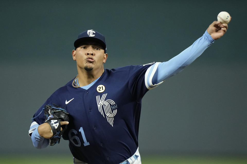 Kansas City Royals relief pitcher Angel Zerpa throws during the fourth inning of a baseball game against the Houston Astros Friday, Sept. 15, 2023, in Kansas City, Mo. (AP Photo/Charlie Riedel)