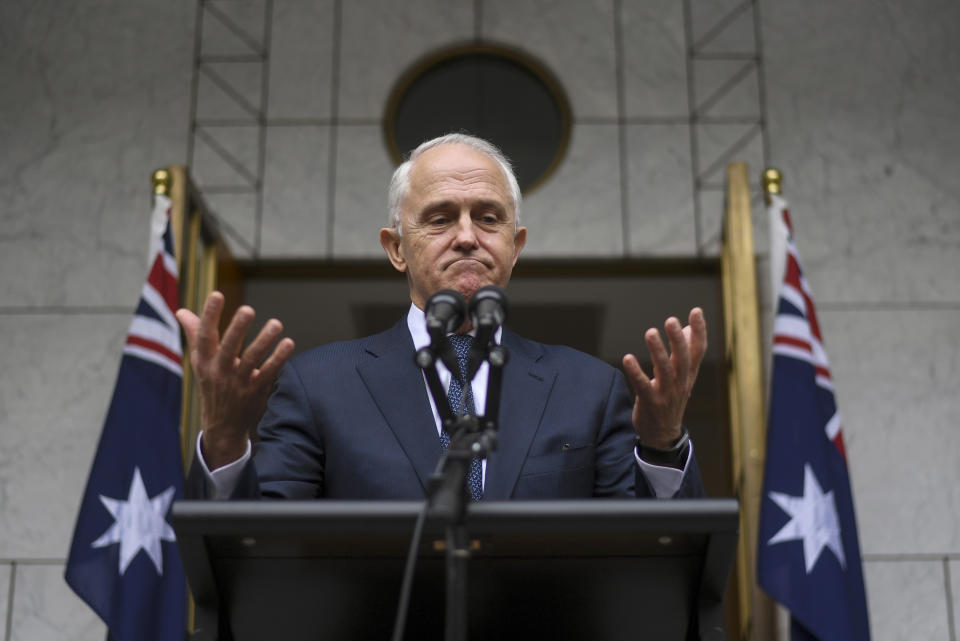 In this Thursday, Aug. 23, 2018, file photo, Australian Prime Minister Malcolm Turnbull speaks to the media during a press conference at Parliament House in Canberra. The beleaguered prime minister warned he will quit Parliament on Friday if his disgruntled party continues to try to oust him, forcing a by-election that could cost the government its single-seat majority or push his successor into immediately calling general elections. (Lukas Coch/AAP Image via AP, File)