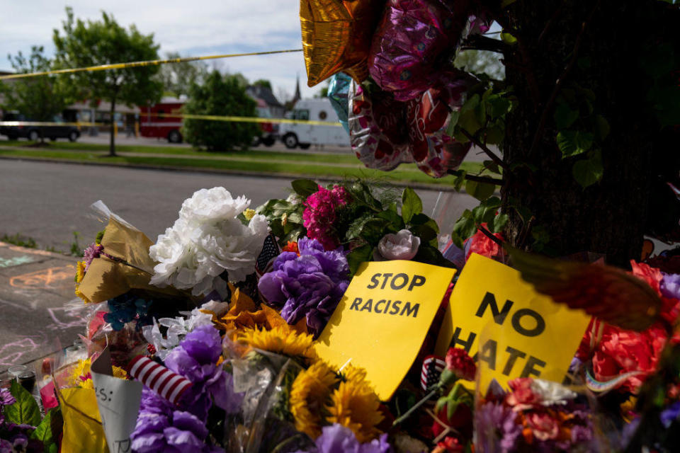 BUFFALO, NY - MAY 18: A memorial across the street from Tops Friendly Market at Jefferson Avenue and Riley Street on Wednesday, May 18, 2022 in Buffalo, NY.  / Credit: Kent Nishimura