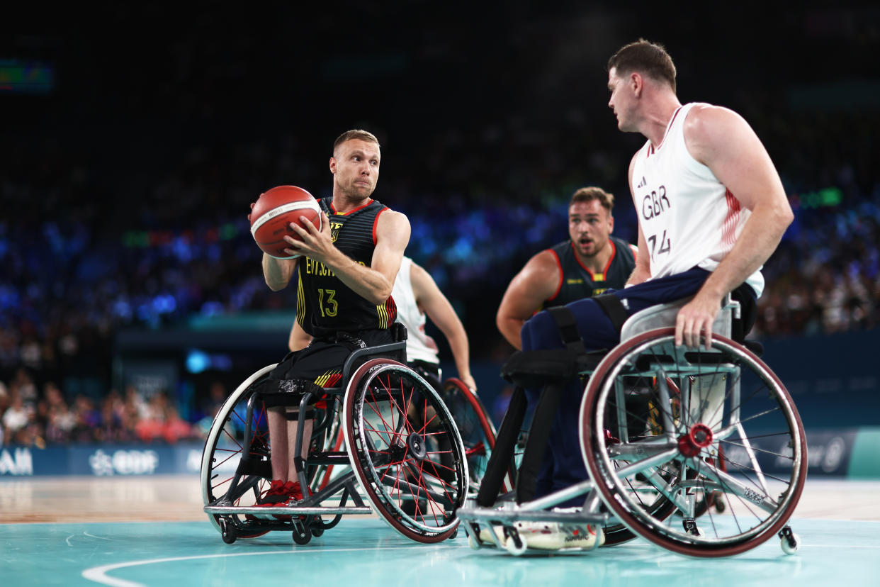 PARIS, FRANCE - AUGUST 29: Thomas Boehme of Team Germany in action during the Preliminary Round Group A match between Great Britain and Germany on day one of the Paris 2024 Summer Paralympic Games at Bercy Arena on August 29, 2024 in Paris, France. (Photo by Naomi Baker/Getty Images)