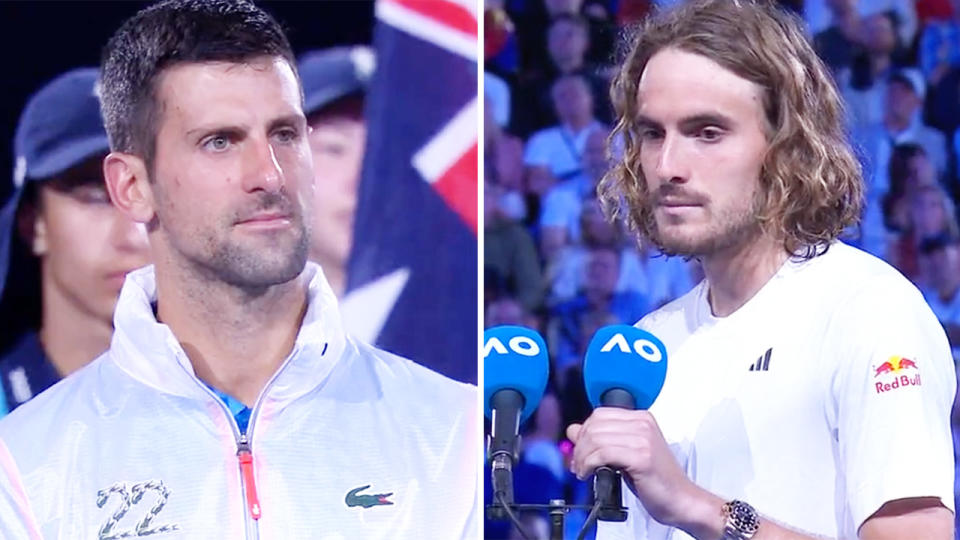 Stefanos Tsitsipas, pictured here paying tribute to Novak Djokovic after the Australian Open final.