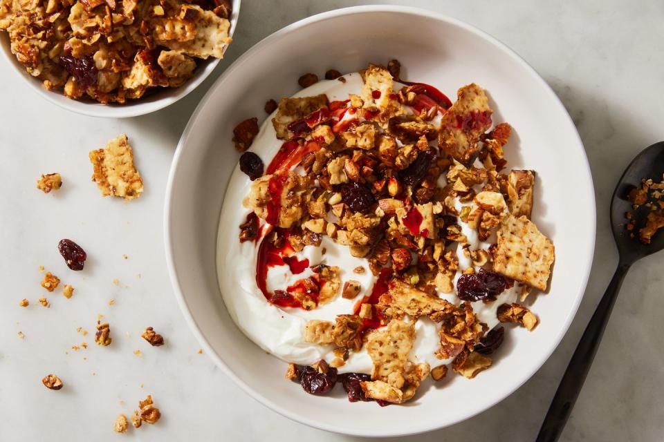 matzo granola with almonds, pistachios, dried cherries, and pomegranate molasses