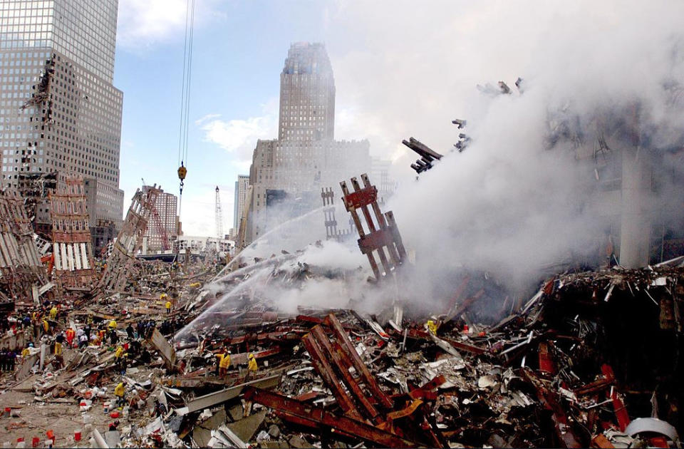 <p>Fires still burning amid the rubble of the World Trade Center three days after the Sept. 11 terrorist attack. (Photo: Mai/Getty Images) </p>