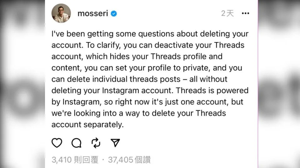 &#x0083ab;&#x00745f;&#x0091cc;&#x008868;&#x00793a;&#x006b63;&#x005728;&#x007814;&#x007a76;IG&#x005e33;&#x00865f;&#x0088ab;&#x009023;&#x005e36;&#x00522a;&#x009664;&#x0089e3;&#x006c7a;&#x008fa6;&#x006cd5;&#x003002;&#x00ff08;&#x005716;&#x00ff0f;&#x007ffb;&#x00651d;&#x0081ea;mosseri Threads&#x00ff09;