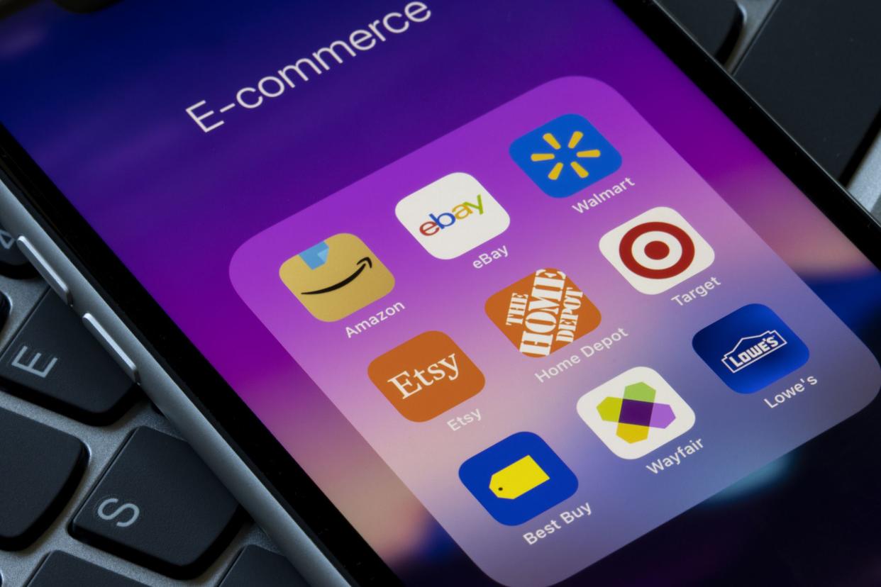 Portland, OR, USA - March 16, 2021: Assorted retail e-commerce mobile apps are seen on an iPhone, including Amazon, eBay, Walmart, Etsy, the Home Depot, Target, Best Buy, Wayfair, and Lowe's.