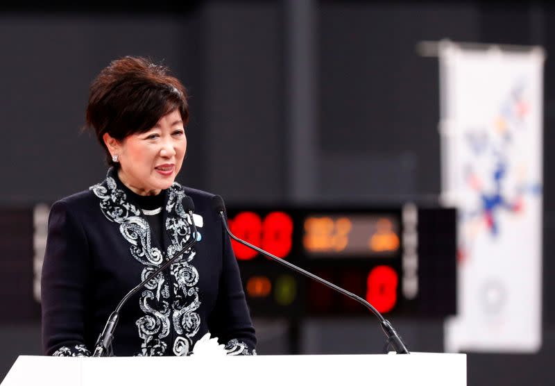 Tokyo governor Yuriko Koike speaks at the opening ceremony of the Ariake Arena, which will host volleyball and wheelchair basketball competitions in Tokyo 2020 Olympic Games in Tokyo