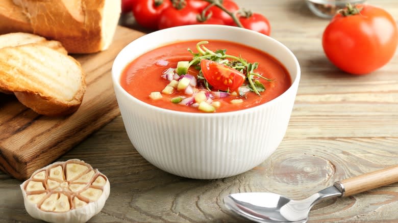 Gazpacho in a white bowl