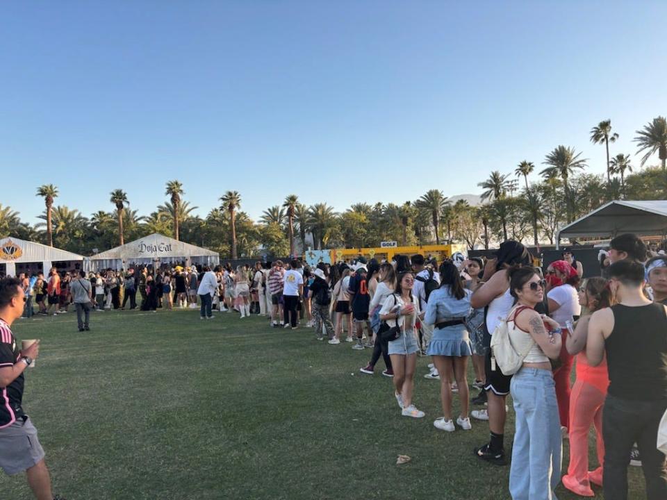 The line to get into the Heineken House Saturday afternoon of Coachella Weekend 1 was so long, many fans weren't able to watch hip-hop artist T-Pain perform because the stage and lounge area reached capacity.