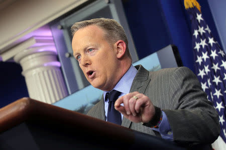 Press Secretary Sean Spicer deliver an statement at the press briefing room at the White House in Washington U.S., January 21, 2017. REUTERS/Carlos Barria