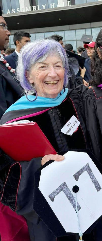 Channa Beth Butcher, 77, was the oldest graduate of Indiana University at the May 7, 2024, ceremonies in Bloomington.