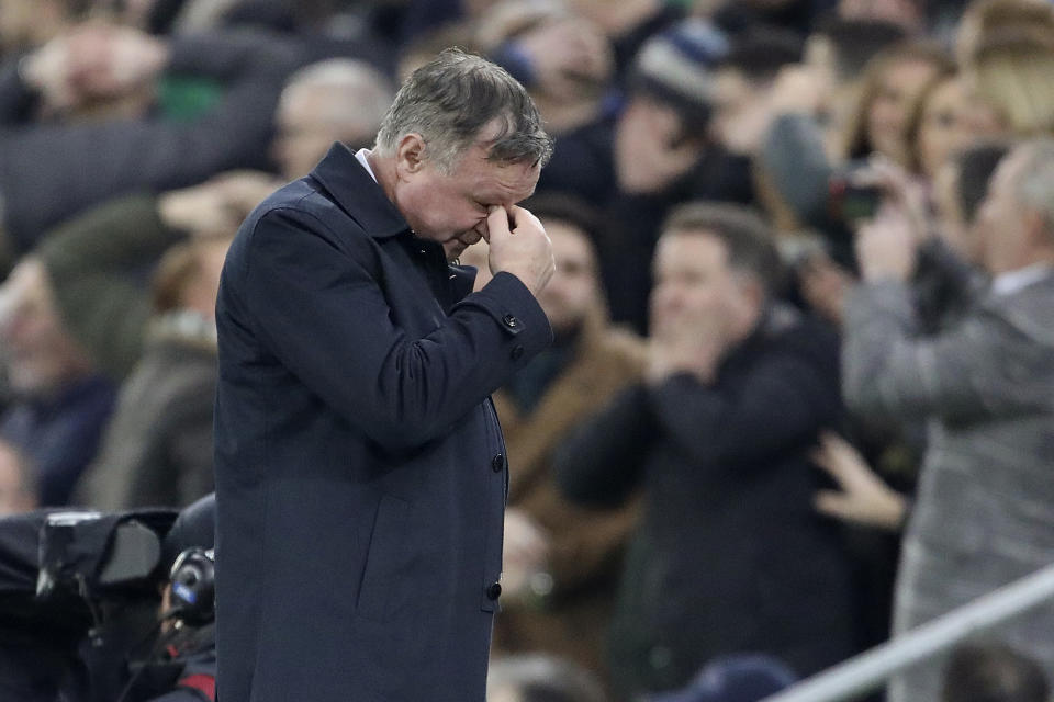 Northern Ireland coach Michael O'Neill reacts during the Euro 2020 group C qualifying soccer match between Northern Ireland and the Netherlands at Windsor Park, Belfast, Northern Ireland, Saturday, Nov. 16, 2019. (AP Photo/Peter Morrison)