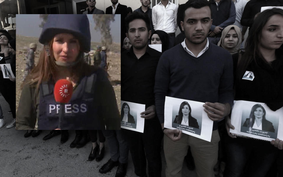 <span class="s1">Iraqi journalism students hold photos of Shifa Gardi (shown in inset) during a memorial in February. (Photos: Rudaw TV, Safin Hamed/AFP/Getty Images)</span>