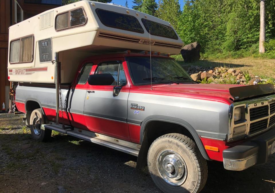 Missing teenagers Kam McLeod and Bryer Schmegelsky were travelling in this red and grey Dodge pickup truck (pictured). This truck was found burnt-out on the same highway where Lucas Fowler and girlfriend found dead.