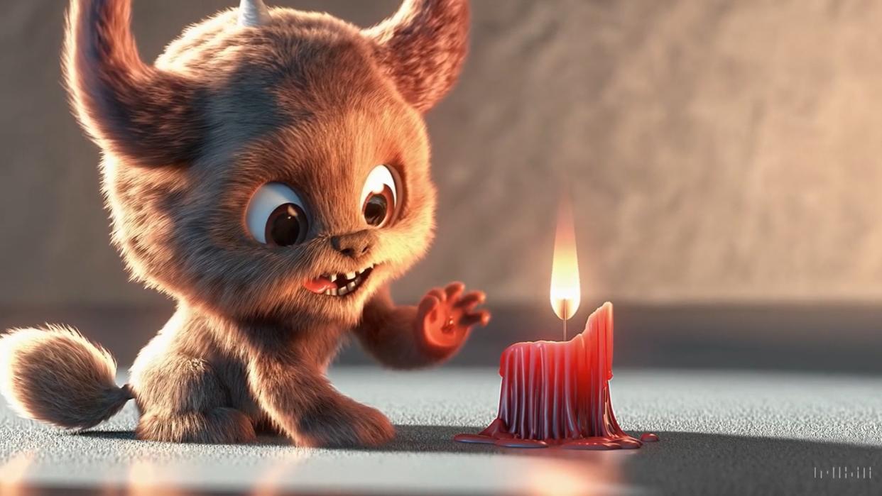  OpenAI Sora results showing Pixar-like animation of a small monster interacting with a candle. 