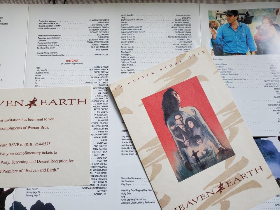 Invitation and publicity folder to the world premiere of Oliver Stone's "Heaven & Earth" in 1993. Under the cast listing is Thuan Le as Kim.