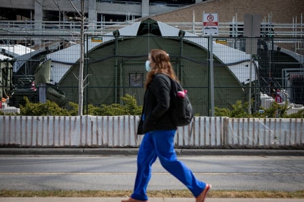 An under-construction field hospital on the grounds of Sunnybrook Heath Sciences Centre, in Toronto, is pictured on Apr. 6, 2021.