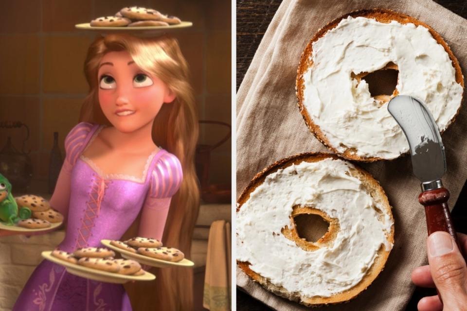 Two photos; on the left, Rapunzel balancing plates of cookies on her head and arms and on the right, someone spreading cream cheese on bagels