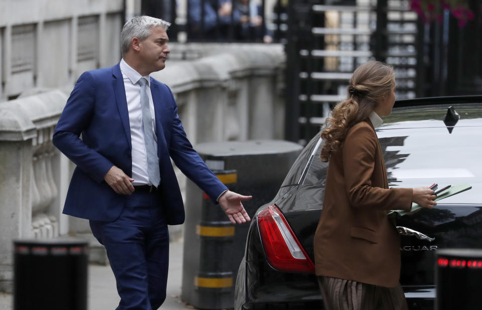Britain's Secretary of State for Exiting the European Union Stephen Barclay leaves his office in Downing Street in London, Wednesday, Sept. 11, 2019. (AP Photo/Frank Augstein)