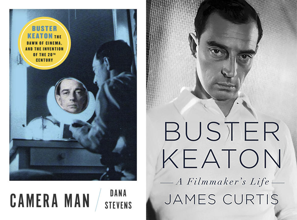 This combination of cover images shows "Camera Man: Buster Keaton, the Dawn of Cinema, and the Invention of the 20th Century" by Dana Stevens, left, and "Buster Keaton: A Filmmaker's Life” by James Curtis. (Atria via AP, left, and Knopf via AP)