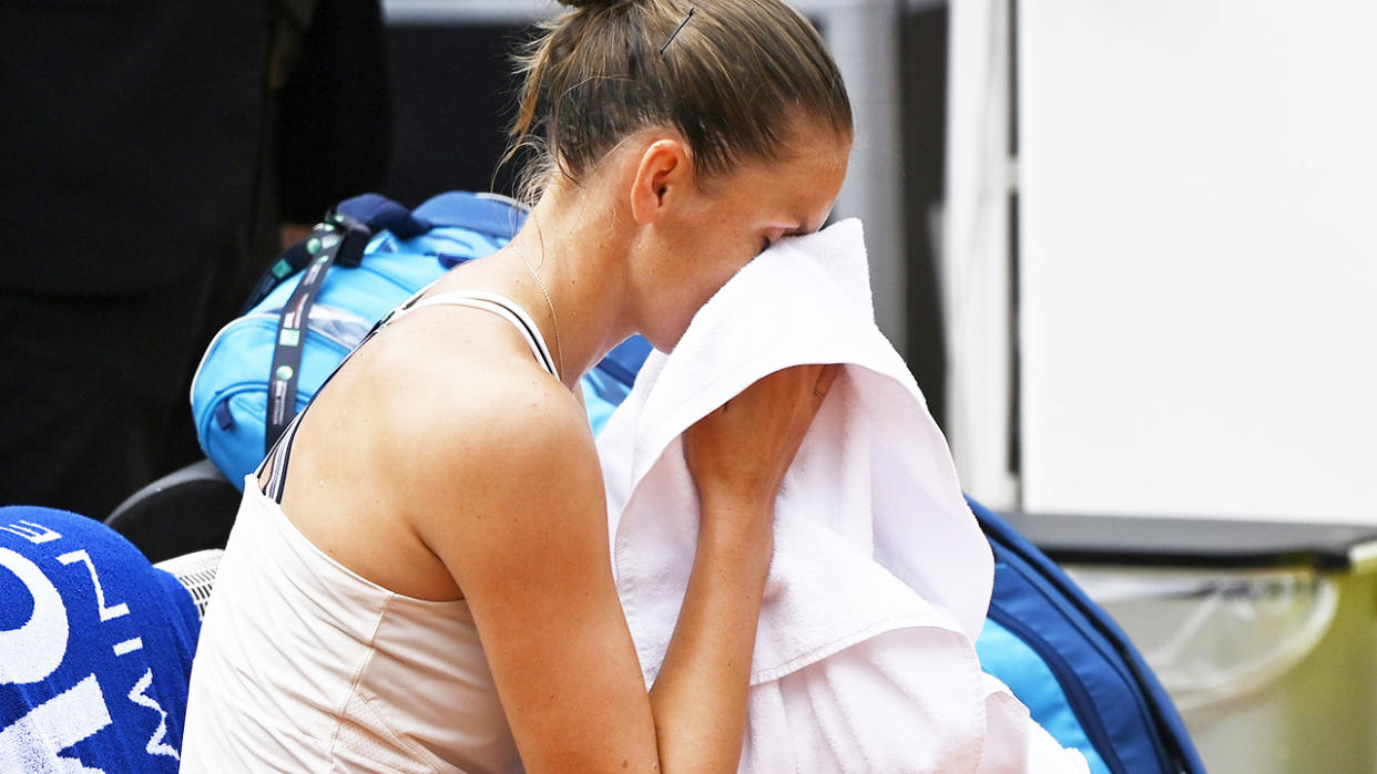 Karolina Pliskova, pictured here after retiring hurt in the Italian Open final.