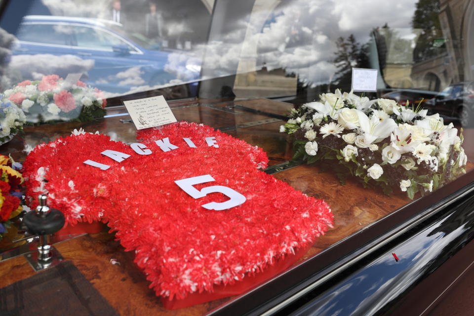 Floral tributes for Jack Charlton outside West Road Crematorium, in Newcastle before his funeral. The former Republic of Ireland manager, who won the World Cup playing for England, died on July 10 aged 85.