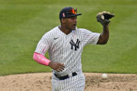 New York Yankees' Miguel Andujar wears an arm sleeve that reads "Thanks Mom" during the seventh inning of a baseball game against the Washington Nationals at Yankee Stadium, Sunday, May 9, 2021, in New York. (AP Photo/Seth Wenig)