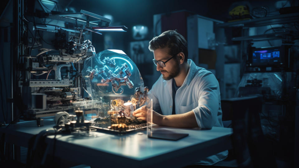 A technician with a 3D printer, surrounded by intricately printed parts.