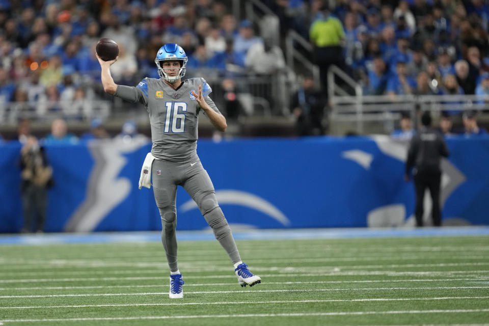 Detroit Lions quarterback Jared Goff throws during the first half of an NFL football game against the Las Vegas Raiders, Monday, Oct. 30, 2023, in Detroit. (AP Photo/Paul Sancya)