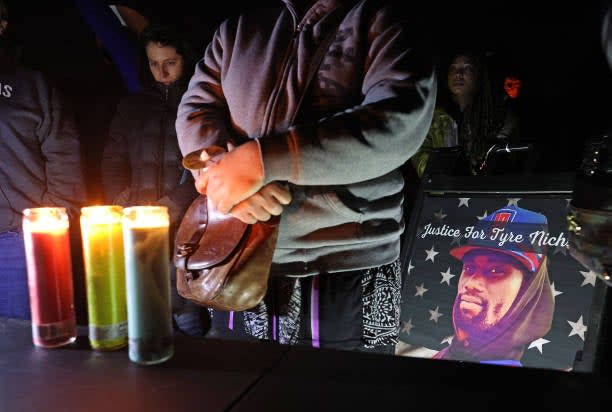 People look on during a vigil for Tyre Nichols at Regency Community Skatepark on 30 January  2023 in Sacramento, California (Getty Images)