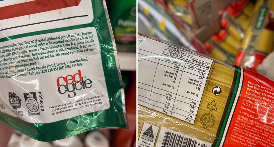 Dish washing tablets and pasta with recycling logos on them.