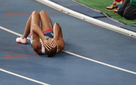 Aug 13, 2016; Rio de Janeiro, Brazil; Jessica Ennis-Hill (GBR) reacts after competing in a women's heptathlon 800m heat at Estadio Olimpico Joao Havelange during the Rio 2016 Summer Olympic Games. Mandatory Credit: Dan Powers-USA TODAY Sports